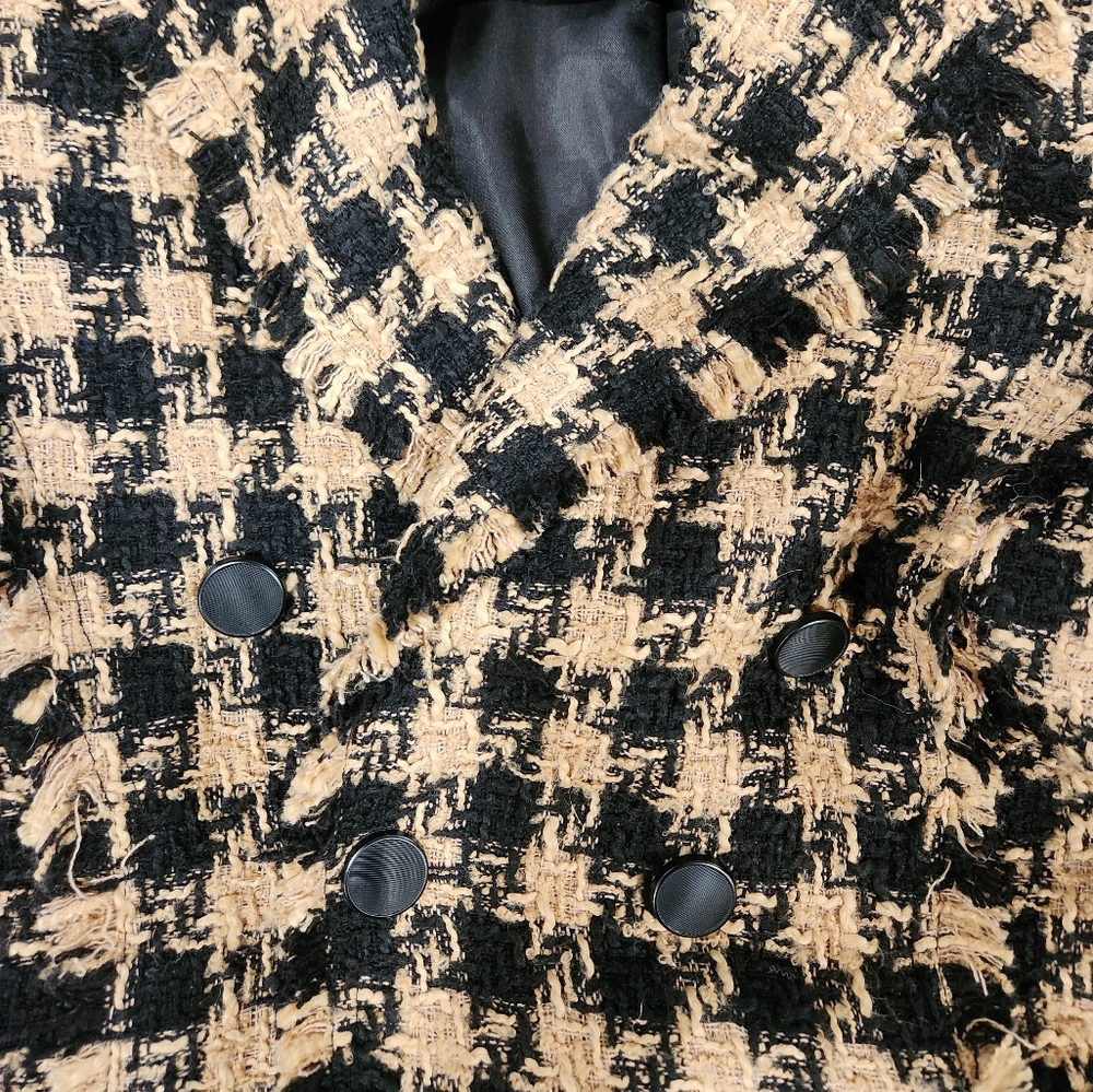 House of Harlow 1960 Houndstooth Double Breasted Tweed Cropped Blazer Fray Crop - Picture 3 of 5